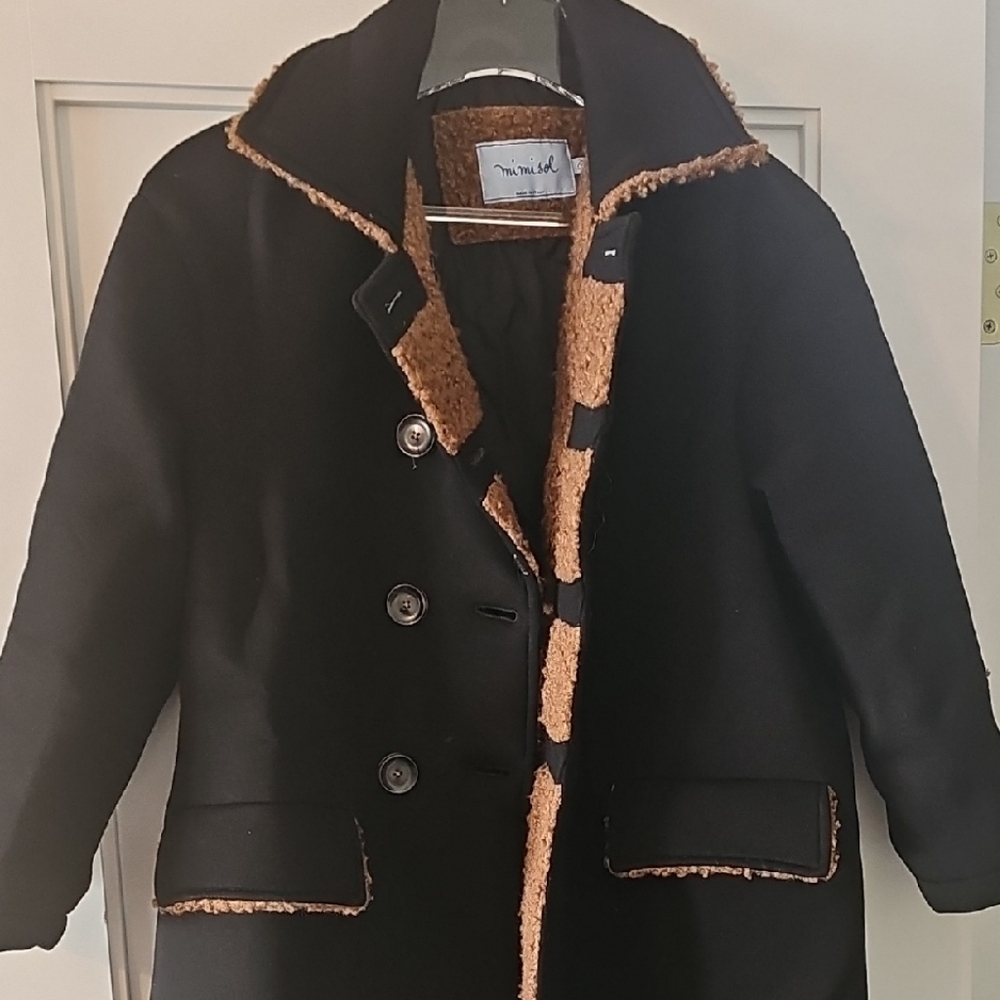Cozy Black Pea Coat with Brown Lining for Kids